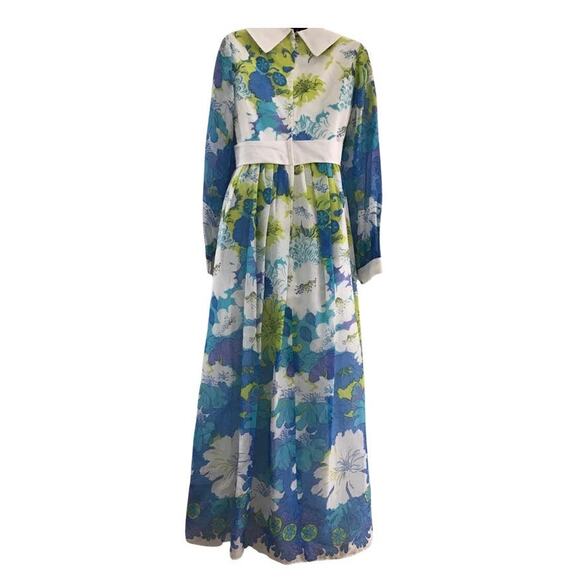 70s Blue Floral Maxi Dress Small - Picture 6 of 8
